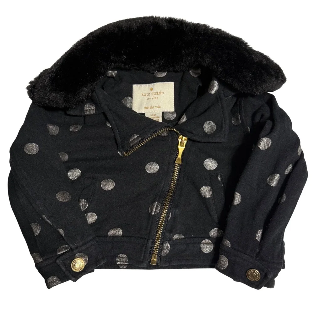 Kate Spade New York Girls Black Polka Dot Jacket Faux Fur Collar 18M